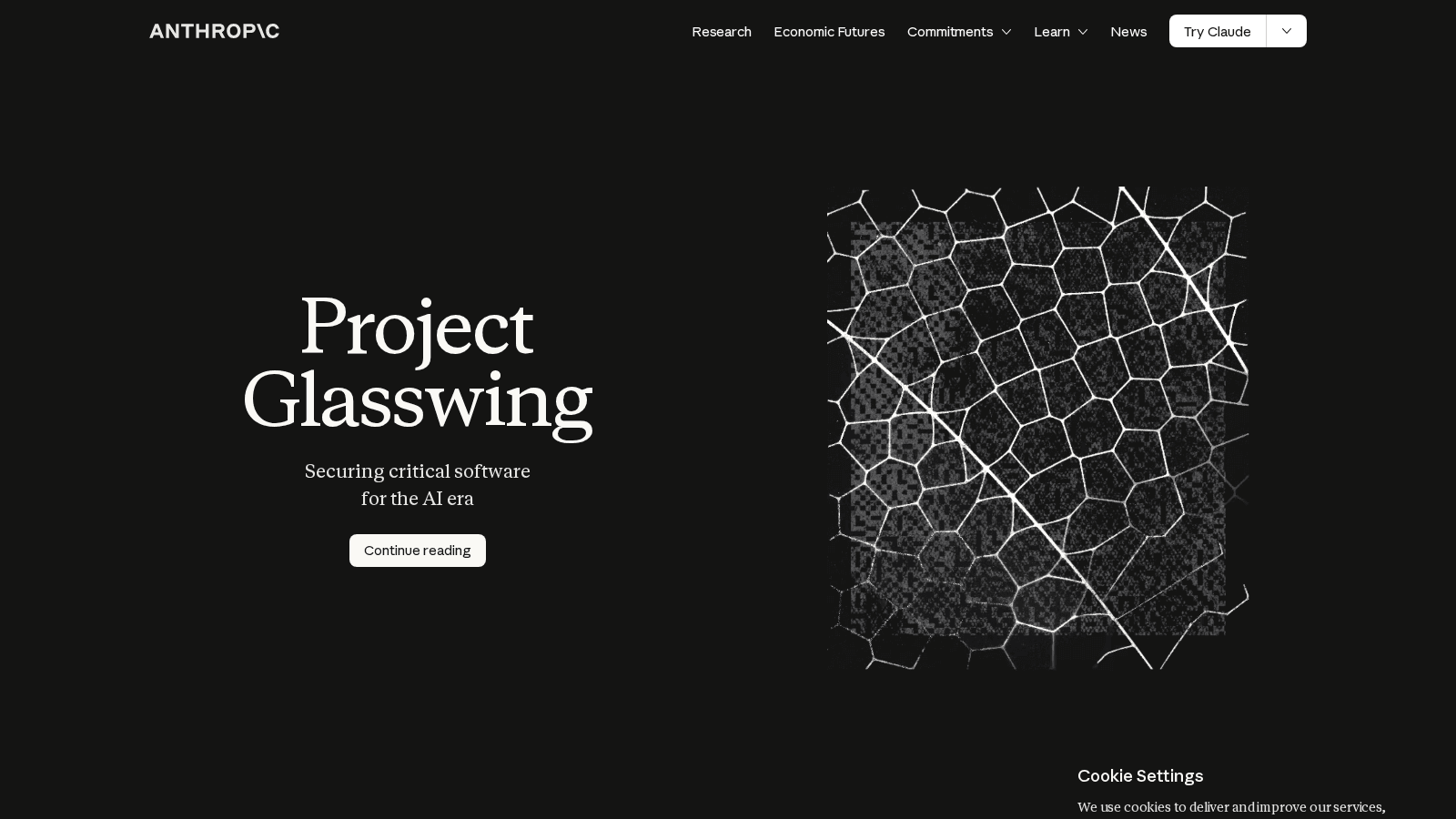 Official screenshot from Anthropic's Project Glasswing page showing the Project Glasswing title and visual network artwork.