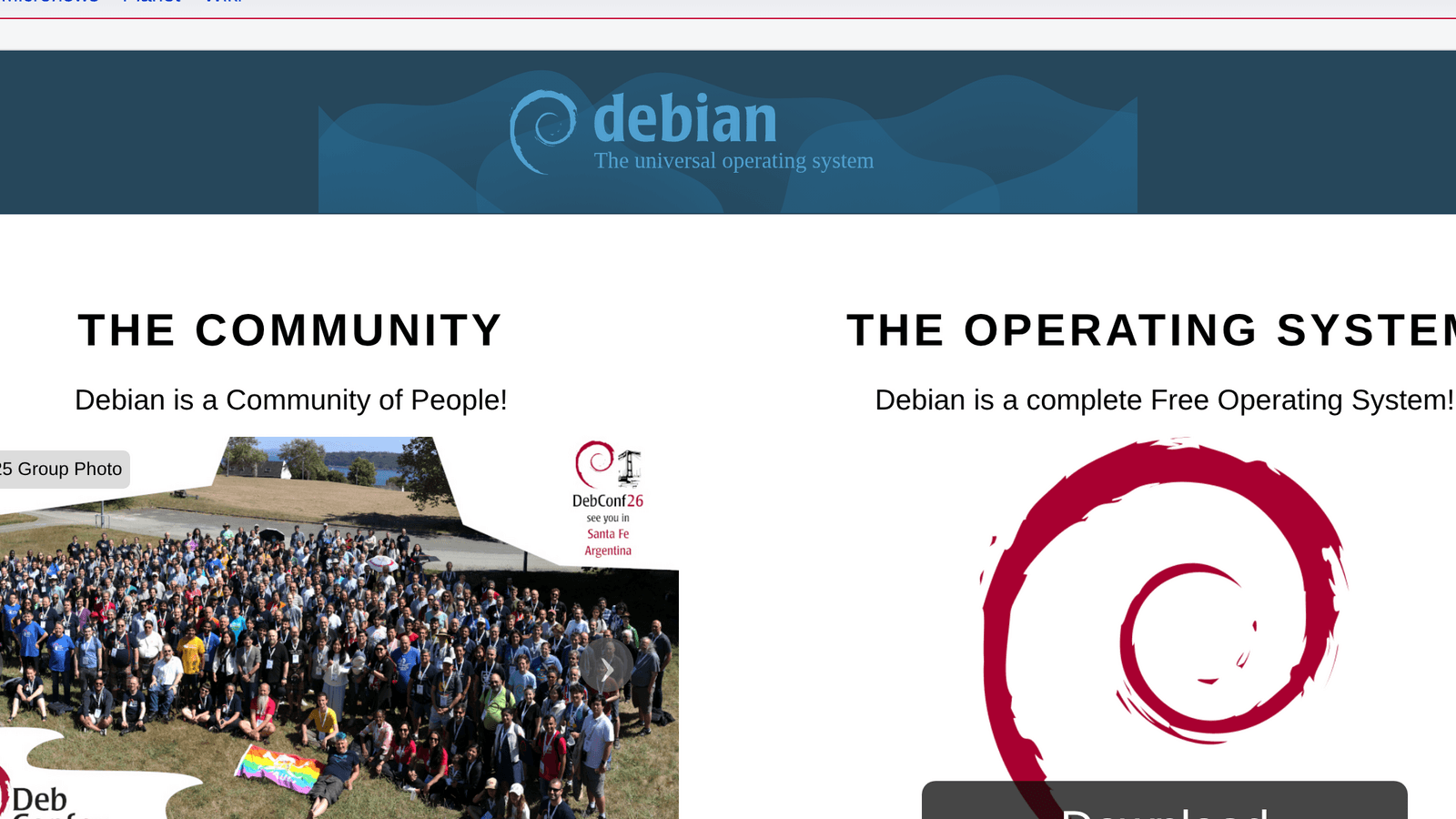 Official Debian homepage screenshot showing Debian branding, community imagery, and the Debian swirl.