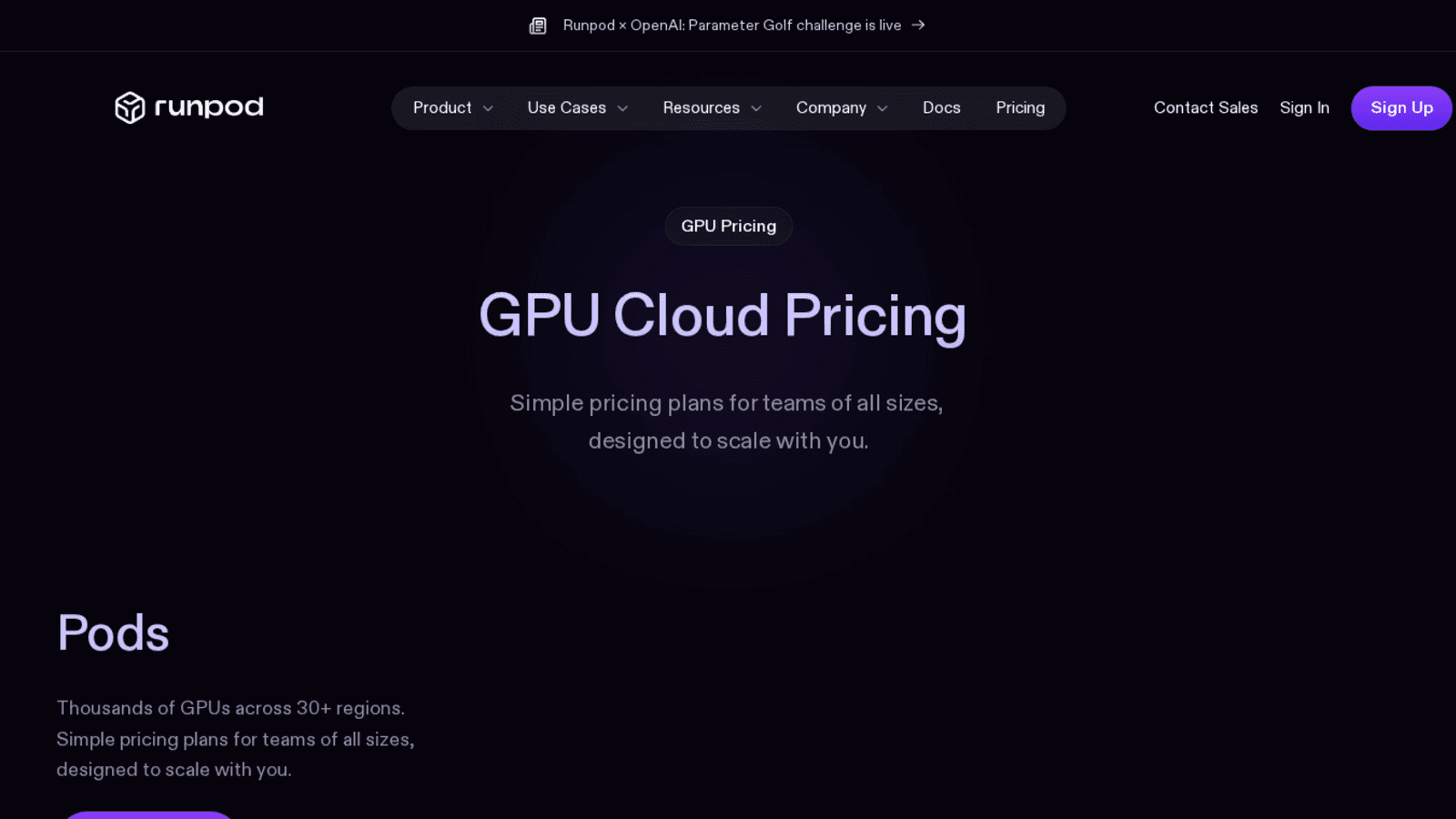 Official RunPod GPU cloud pricing page screenshot