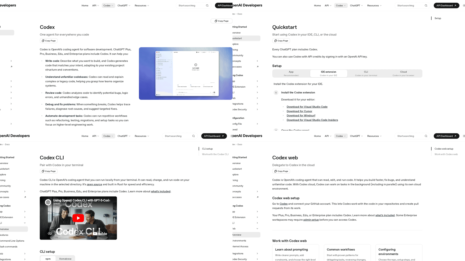 Official OpenAI Codex app showing CLI vs app comparison on developers.openai.com. Attribution: OpenAI