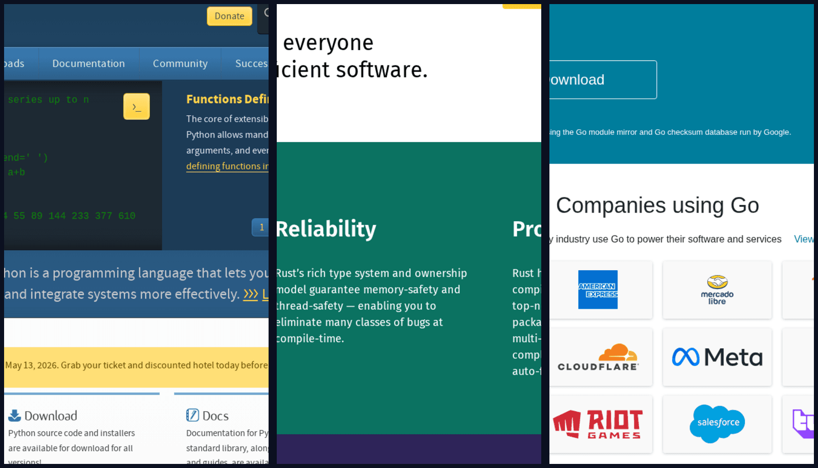 Official Python, Rust, and Go homepages combined into one cover