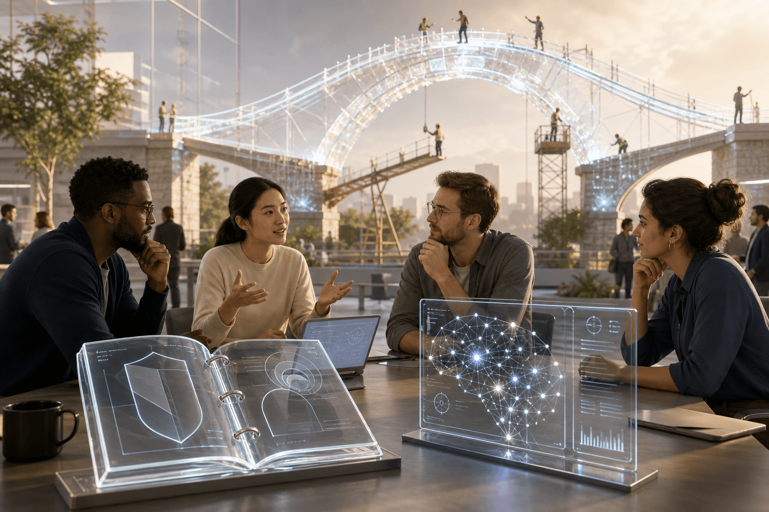 Developers and users reviewing AI usage rules beside a symbolic bridge of trust being repaired.