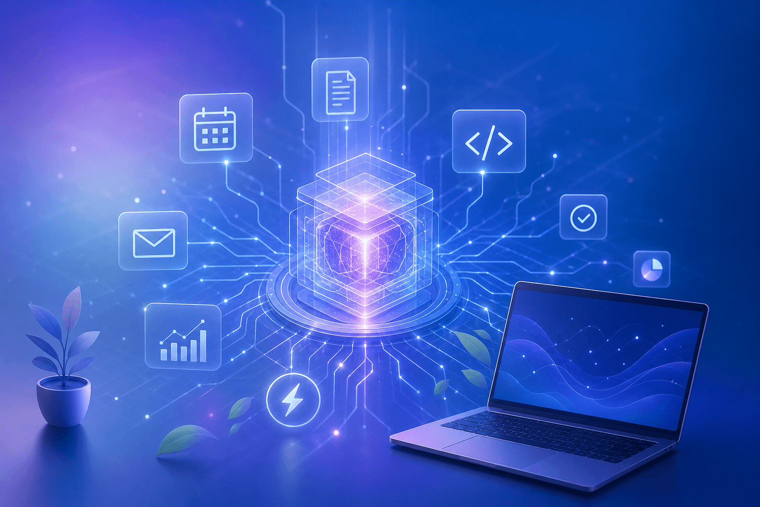 Futuristic glowing AI core with efficient low-power neural pathways and everyday productivity icons.