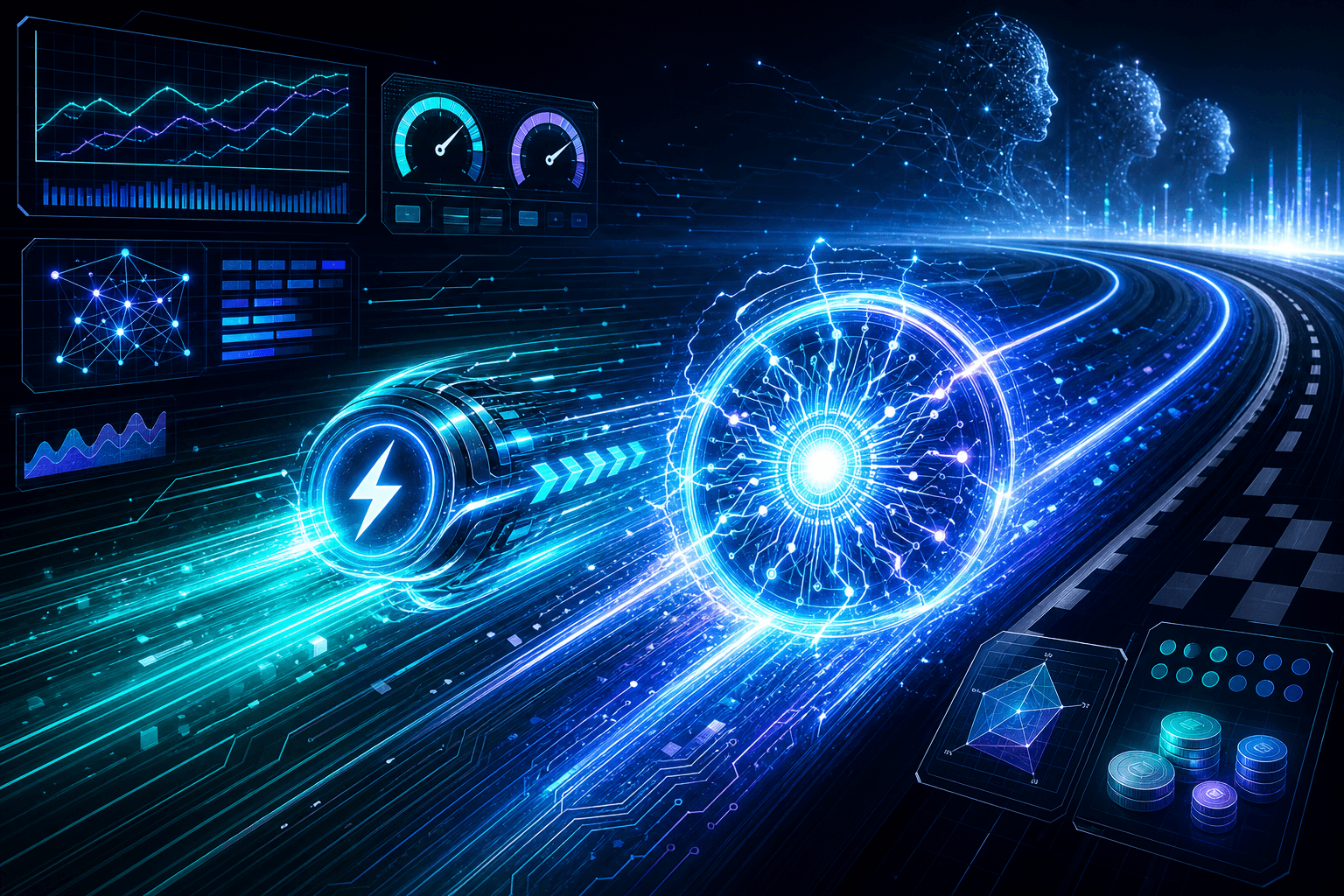 Futuristic DeepSeek V4 Flash and V4 Pro model cores with performance and pricing dashboard visuals.
