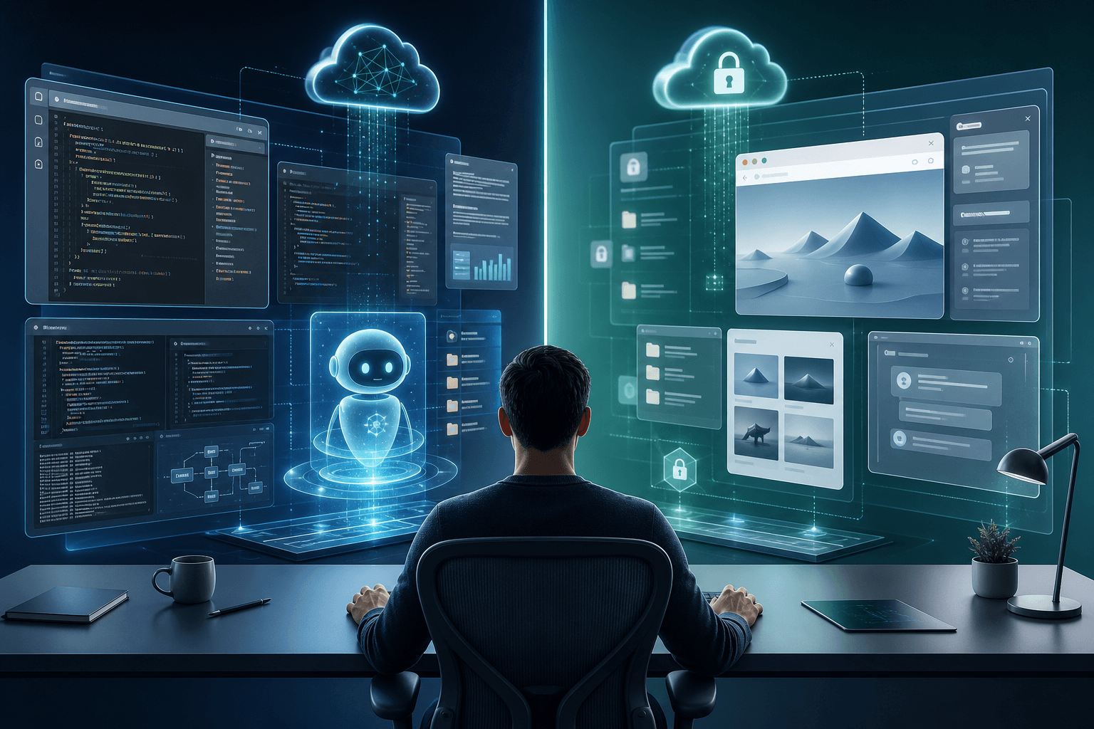 AI agent workstation with code editor, browser, terminal, documents and cloud workspace visuals.